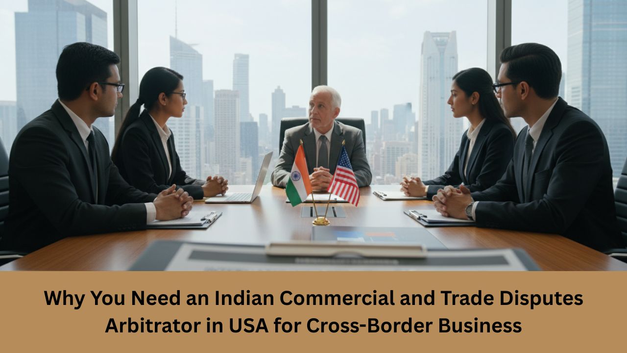 An international arbitration meeting between Indian and US business executives and a neutral arbitra